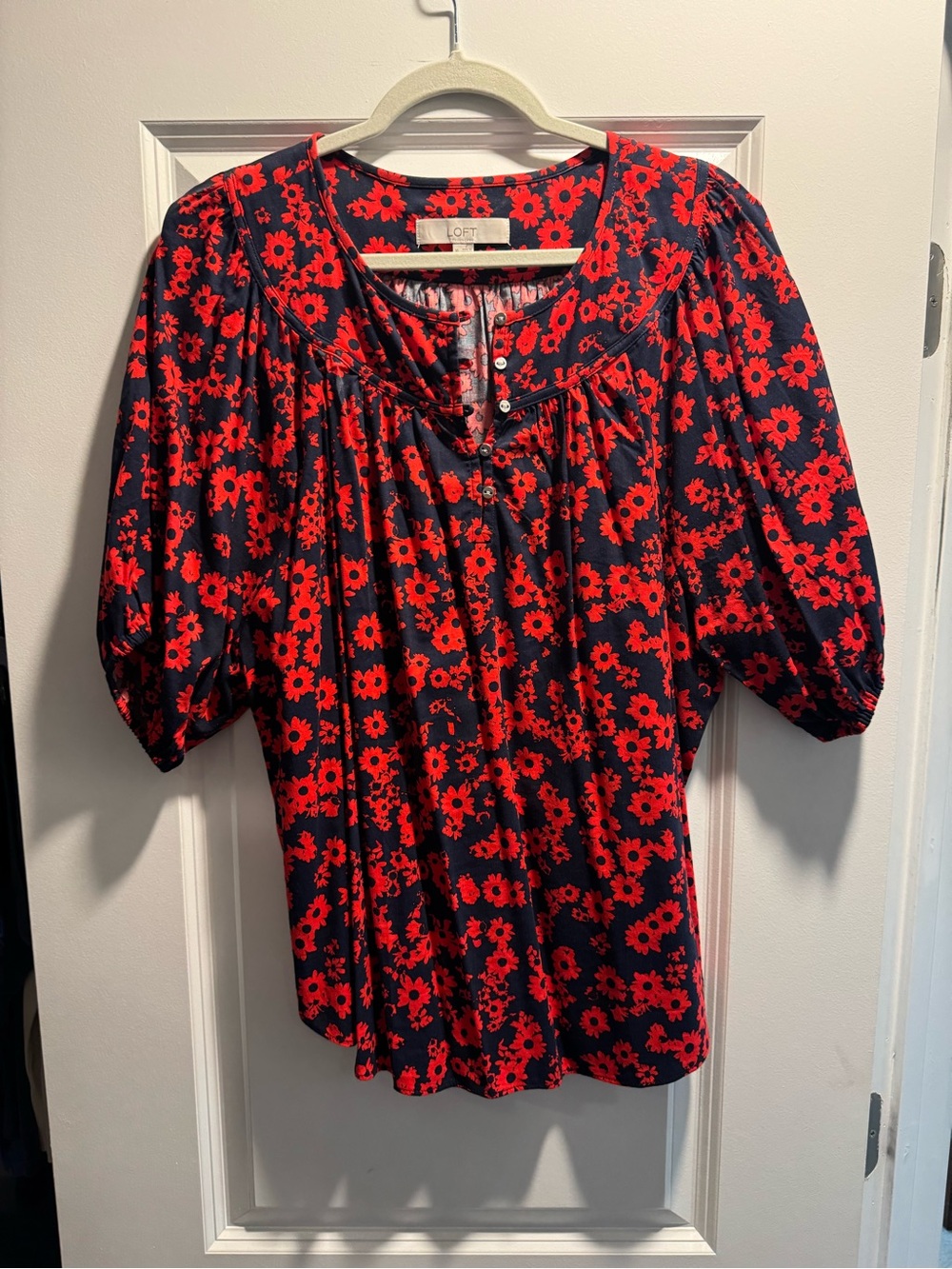 LOFT Black Blouse with Red Floral Print and Puff Sleeves
